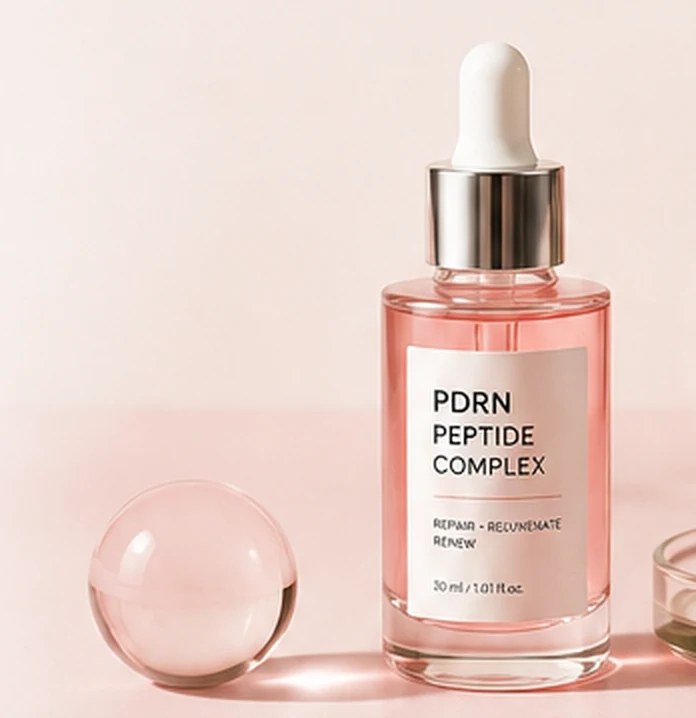 Serum bottle with botanical leaf on a soft blush background